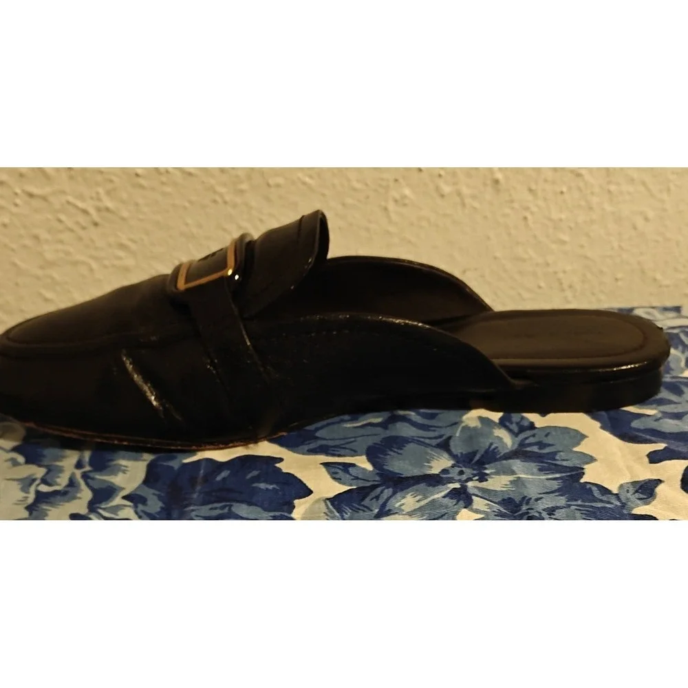 Tory Burch Georgia Backless Loafer Flats Mules Black Gold Logo Sz 10.5 M